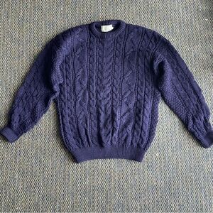 VTG Blarney XL Fisherman Cable-knit Oversized 100% Pure Wool Sweater Deep Blue